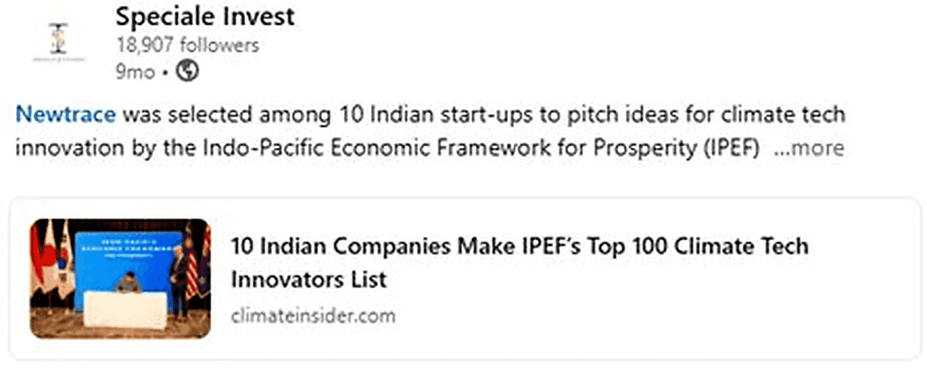 Top 100 climate innovators list highlighting Newtrace